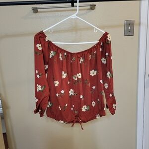 Wishful Park Women Floral Off Shoulder Red Long Sleeve Bardot top size Medium